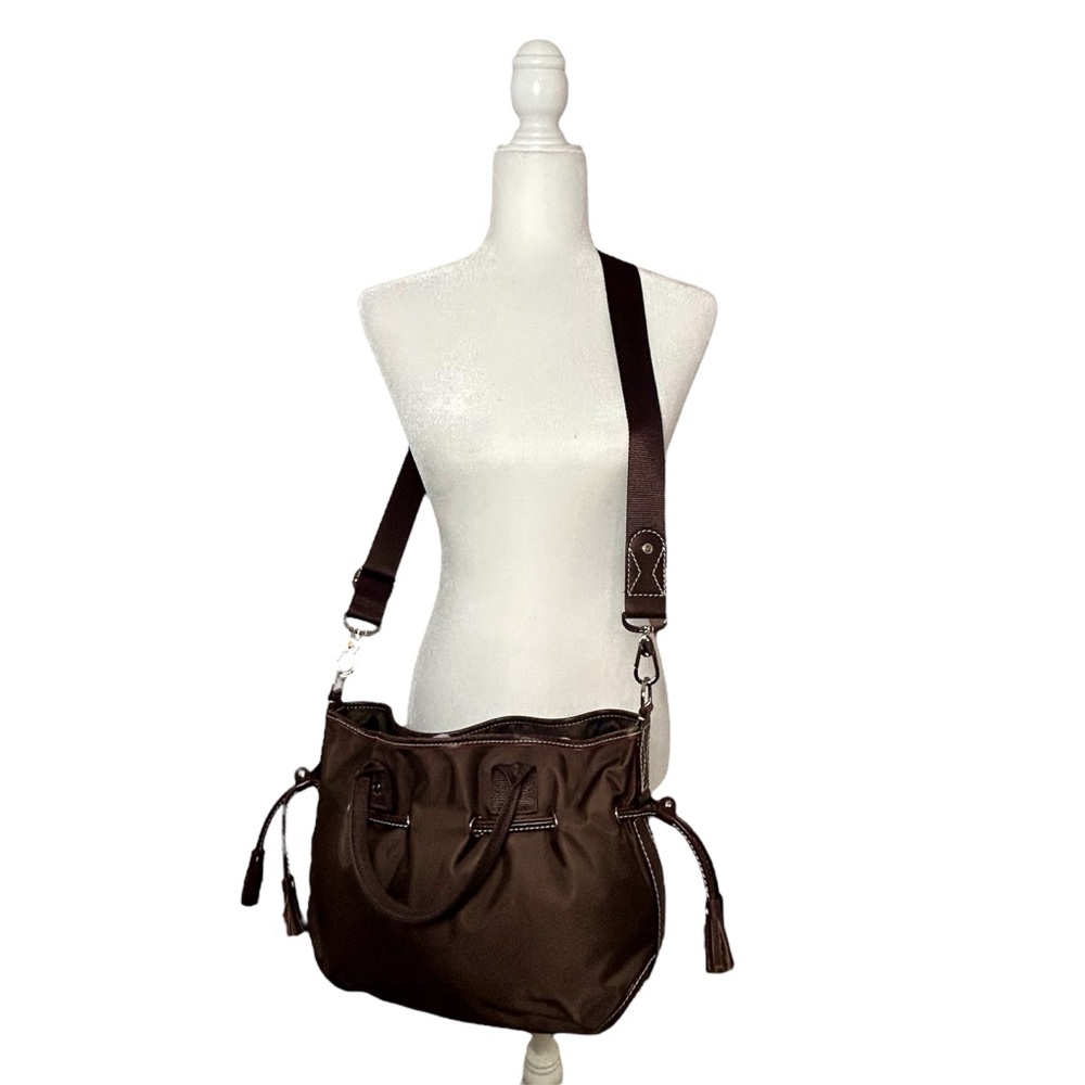 LANCEL PARIS 1876 handbag, nylon leather trim brown with shoulder strap - Picture 4 of 17